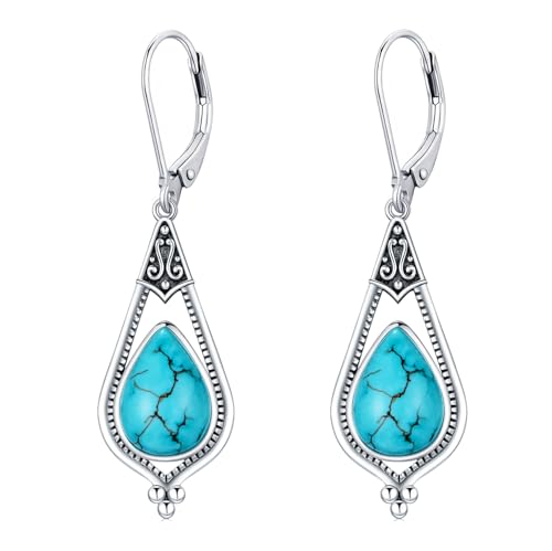 Genuine Turquoise Dangle Earrings for Women, Sterling Silver Vintage Native American Western Jewelry Teardrop Earrings Birthday Gift