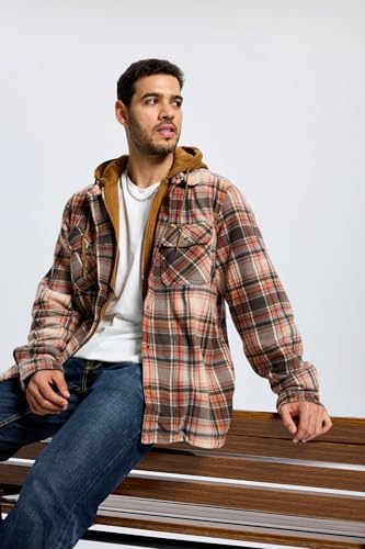 Image of TanBridge Men's Cotton Plaid Shirts Jacket Full Zip Fleece Flannel Sherpa Lined Hoodies Heavyweight Hoodies Jacket for Men