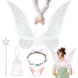 MOVINPE Halloween Fairy Wing Elf Ears Fairy Wand Floral Headband Lace Sleeve Little Bag Dress Up Accessories for Women Girls (White)