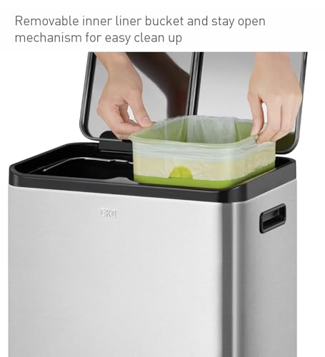 Image of Obsessions EKO Stainless Steel Step Trash Can for Recycling, 15+15L Rectangular Kitchen Dustbin, Independent Pedals and Lids, Soft Close and Fingerprint Resistant, Metallic