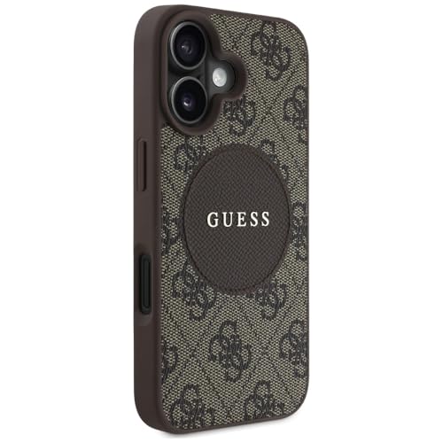Image of CG MOBILE Guess [Official Licensed] Protective Case Designed for iPhone 16 |Magnetic Compatible |PU Case 4G Circle with Classic Logo - Brown