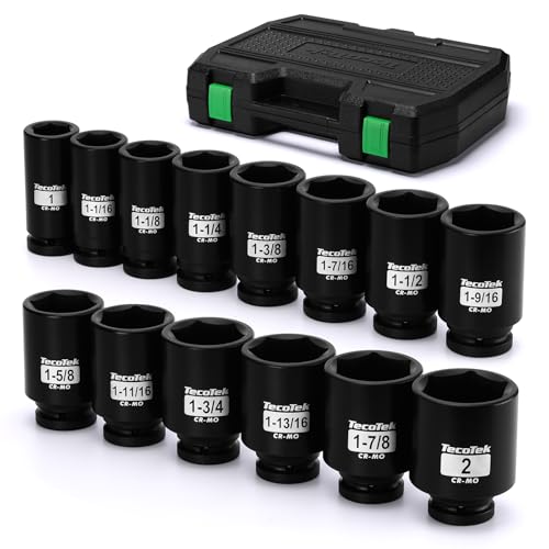 TecoTek 3/4 Drive Deep 6-Point Impact Socket Set 14-Piece Heavy Duty Impact Socket Set Cr-Mo SAE (1 to 2) for Large Vehicle and Apparatus Maintenance