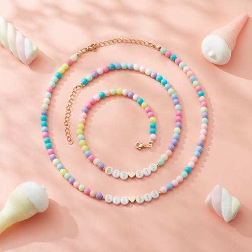 Image of Big Middle Little Sister Mom 2 Daughters Heart Colorful Beaded Necklaces | 3Pcs matching sister pendant set, meaningful friendship & family jewelry, ideal gift for BFF, sisters, mom & daughter