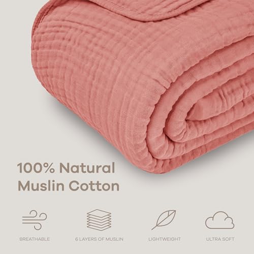 Image of Comfy Cubs Muslin Throw Blanket - 50 inch x 60 inch Quilted Design - Lightweight, Breathable 6-Layer Gauze Fabric - Soft Cotton Blanket for Home or Travel - Packaged in Elegant Gift Box - Dusty Rose
