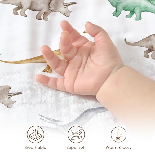Image of Dinosaur Baby Blankets for Boys, Newborn, Soft Nursery Minky Blankets with Muslin and Dotted Fleece Back 30x40 inches, Receiving Bed Quilt for Infants, Toddlers