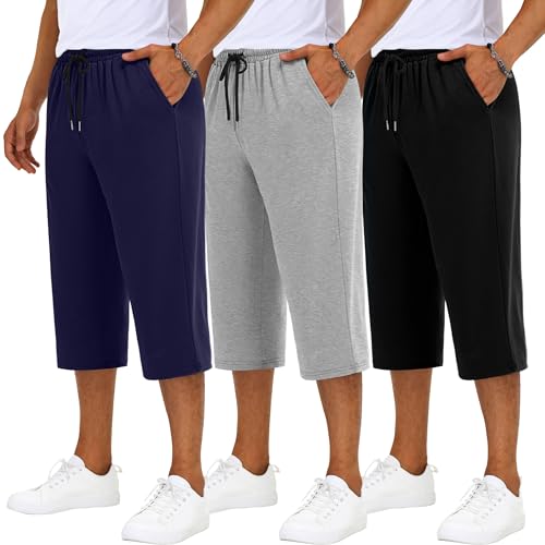 Neer 3 Pack Men's Baggy Capri Pants Plus Size Below Knee Casual 3/4 Shorts Big and Tall Summer Drawstring Pants with Pockets(Black, Light Mixed Gray, Navy Blue,3X-Large)