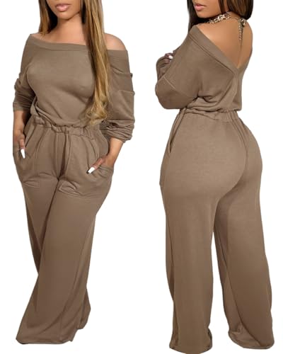 CHICME Off Shoulder Jumpsuits for Women Long Sleeve Wide Leg Dressy Overalls (Coffee, M)