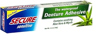 Secure Sensitive Gums Waterproof Denture Adhesive Zinc Free with Aloe Vera & Myrrh - Extra Strong 12 Hour Hold - 1.4 oz