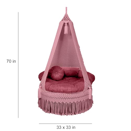 Image of KAAHIRA Bohemian Macrame Hanging Swing Chair- Aesthetic Cotton Rope Hammock for Indoor & Outdoor - Patio, Balcony, Bedroom, Living Room, Garden-Kids, Adults & Pets - Boho Decor (Pink)