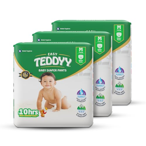 Image of TEDDYY Baby Easy Pant Diapers Medium 222 Count (Pack of 3), 7-12 kgs, 10 hrs Leak Protection, Anti - Bacterial