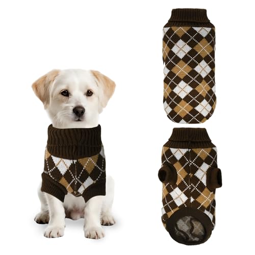 PawSailor Strickpullover für Hunde Rollkragenpullover Karomuster Warmer Welpenpullover Kuschelweich Winter-Outfit für Kleine und Mittelgroße Hunde wie Shih Tzu, Zwergschnauzer, Zwergspitz, Braun L
