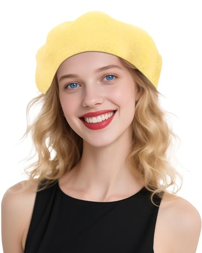 CKYPTFK Beret Hats for Women Wool French Style - Spring Hat for Women Girls for Daily Travel & Elegant Outfits - Lemon Yellow Beret Cap