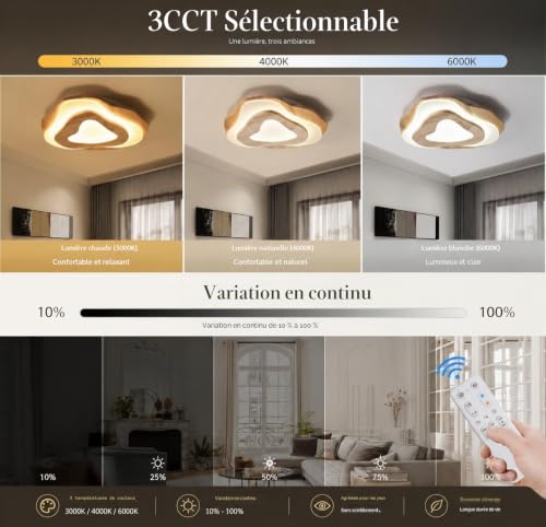 Plafonnier LED bois dimmable 35W avec télécommande pour salon