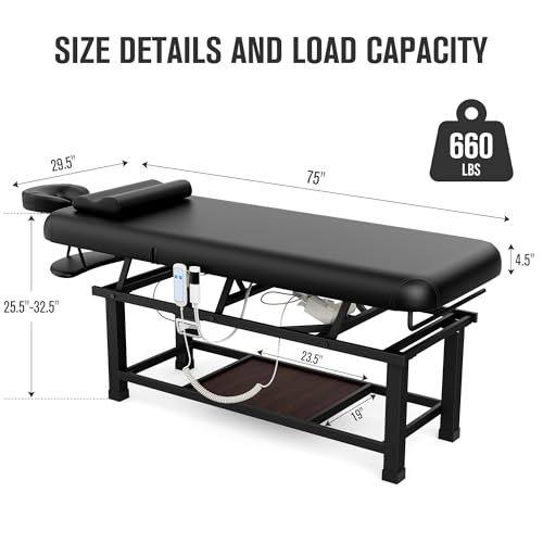 Image of pouseayar Heavy Duty Electric Stationary Massage Table with Heating Function, Backrest Adjustable and Storage Space for Treatment /Medical Spa /Facial /Beauty /Massage Bed - 30 x 75 - Black