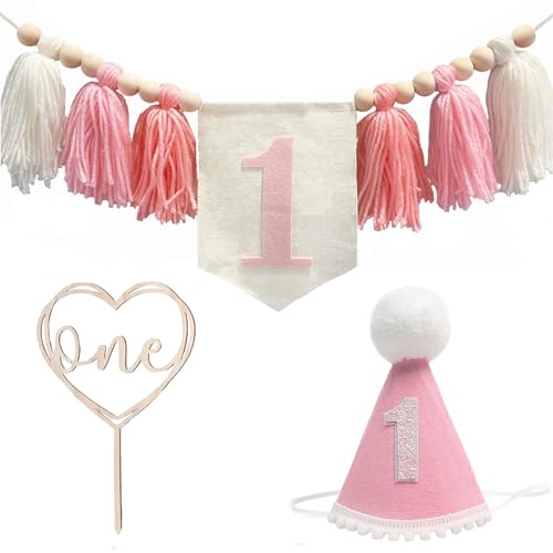 Image of First Birthday Party Decorations Pink Highchair Wood Bead Tassel Garland 1st Birthday Crown Cake Topper