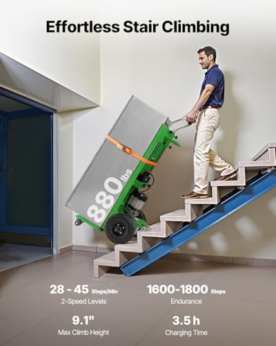 Image of VEVOR Electric Stair Climbing Dolly, 880lbs Electric Stair Climbing Hand Trucks with 157.5in Rope & Extendable Handle, Heavy Duty Stair Climber for Warehouse Logistics, Moving Furniture(Green)