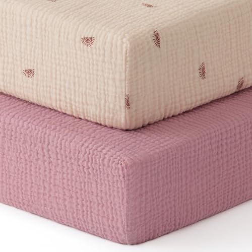 Image of Blissful Diary Muslin Crib Sheets for Girl Boy, Boho Neutral Soft Cotton Baby Sheet for 52''x28'' Standard Crib Mattress, 2 Pack(Sunshine&Blush Pink)