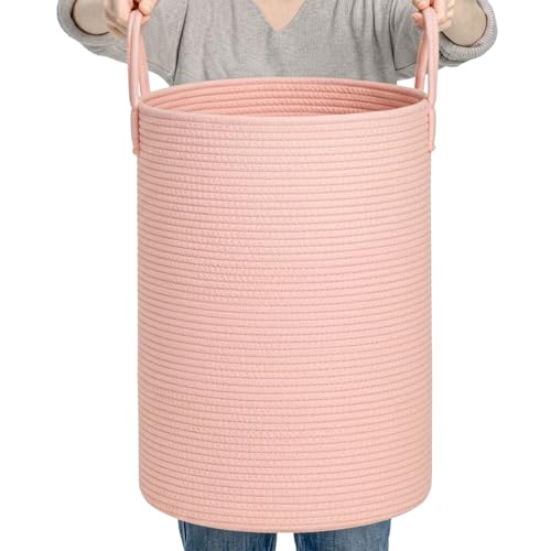 CLHMILY&Z Laundry Hamper Round Storage Rope Basket in Living Room, Bedroom, Laundry Room for Toy, Clothes, Blanket, Pillow (Pink, 60L)