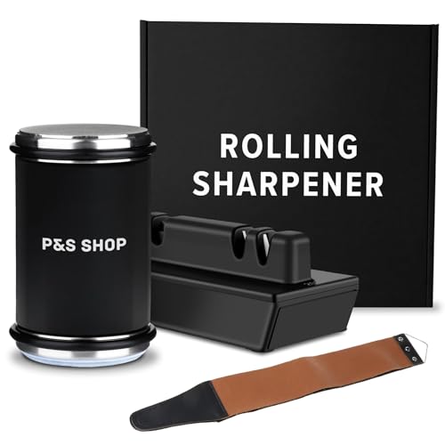 Rolling knife sharpener kit 15&20 Degree Angles, Rolling knife sharpener with leather strop, Knife sharpening with Angle Base for Kitchen Knives, Chef Knife, Scissors, Black rolling knife sharpener