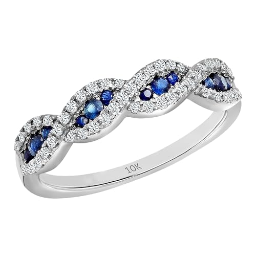 Dazzlingrock Collection Round Blue Sapphire & White Diamond Swirl Stackable Anniversary Ring for Women in Solid Gold