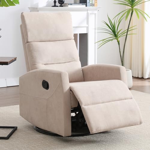 EZZUP 360° Swivel Recliner Chairs for Small Spaces, A Recliner with Side Pockets, Small Rocker Recliner for Living Room, Bedroom, Cream Recliner Chair for Adults