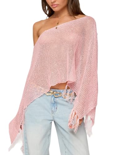 Women Sheer Poncho Top Fringed Off The Shoulder Hollow Out Knit Tops Sequin Crochet Poncho Shawl Cover Up Tops