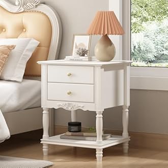 Homsee Vintage Wooden Nightstand with 2 Drawers and Bottom Shelf, Elegant Bedside Table End Side Table for Bedroom, Living Room, White (19.7”W x 16.9”D x 25.2”H)