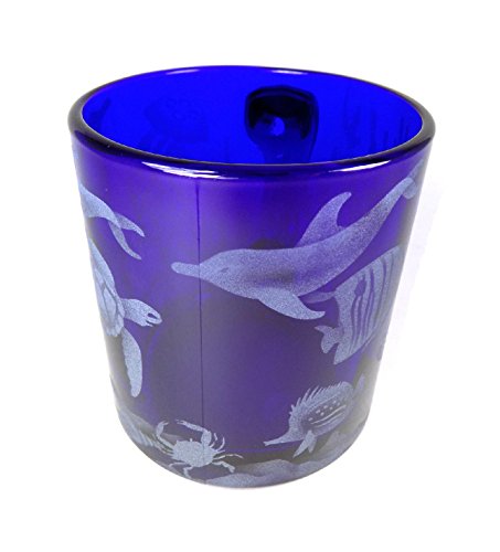 IncisoArt Hand Etched Coffee Mug Sandblasted (Sand Carved) Glass Handmade Engraved Aquatic Animal Ocean Combo (1, Cobalt Blue Aquatic Animal Ocean Combo)