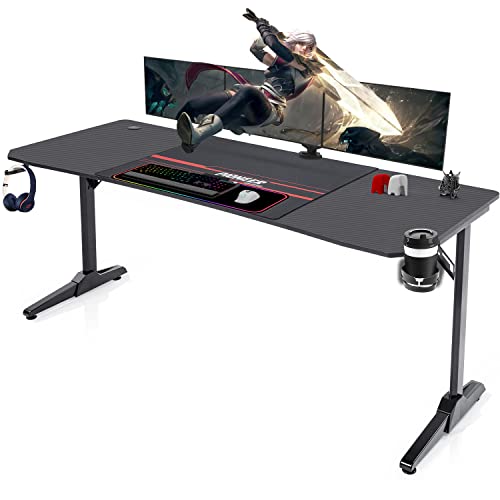 Devoko Mesa Gaming 180 x 70 cm, Escritorio Gaming de Fibra de Carbono, Escritorio de Juego Ergonómico con Alfombrilla de Ratón, Ganchos para Auriculares y Soporte para Vasos de Agua