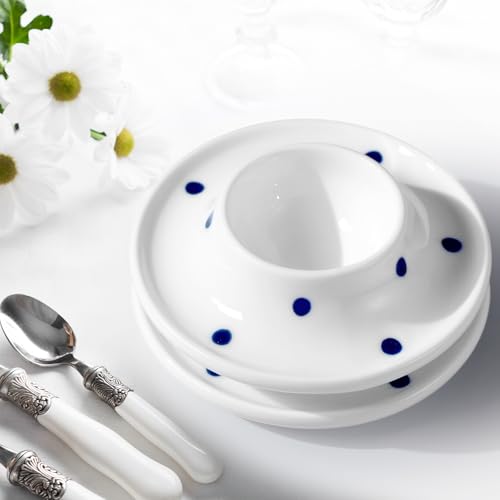 Image of Cinf Ceramic Egg Cups, Set of 2, Blue Dot Egg Holders for Breakfast