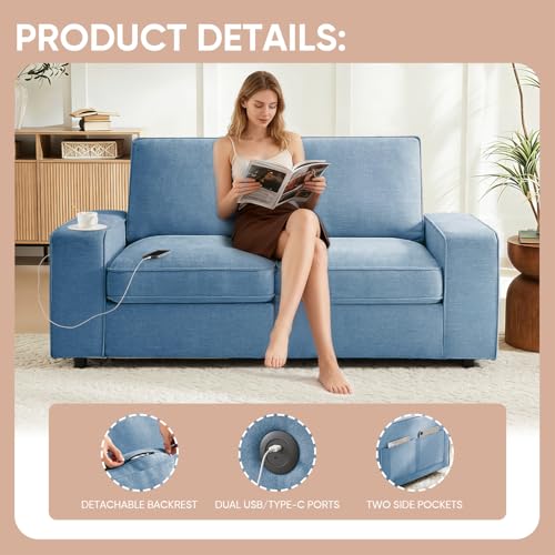 Image of Waxberry 71 inch Chenille Loveseat Sofa Couch for Living Room with Seat Storage, Modern 2-Seater Deep Seat Sofa with Side Pockets & Type-C /USB Ports, Detachable Backrest for Office, Apartment (Blue)