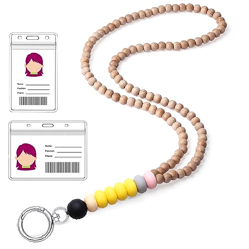 Image of Teacher Lanyard Lanyards for ID Badges Keys Women Wood Silicone Beaded Lanyard with ID Holder Work Jewelry