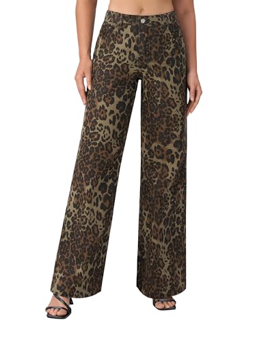 roswear Women's Wide Leg Trendy Sweatpant Jeans High Waisted Leopard Print Pull on Denim Pants Leopard Yellow X-Large