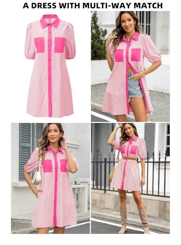 Image of AlvaQ Women Dress Summer 2025 Casual V Neck Short Sleeve Button Down Striped Tunic Dresses with Pockets