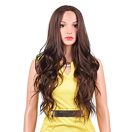 Refined hair Ombre Long Wavy Synthetic Wigs Mixed Color Natural Wave Wigs for Women Natural Hairline Lace Wig for Daily Use Heat Resistant Hair Replacement Wigs (M dark brown)
