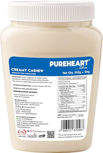 Image of PUREHEART Nut Spread Creamy Cashew (350 +50 gm Extra) | Nutty and Smooth Cashew Spread for Breakfast - No. 1 Exporter of Roasted Nuts