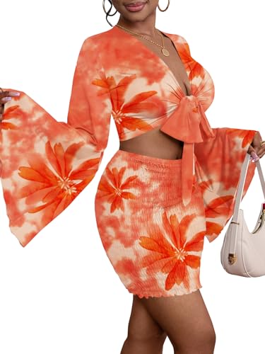 Image of LYANER Women 2 Piece Vacation Outfits Tie Knot Front Bell Long Sleeve Crop Top and Mini Skirt Summer Set