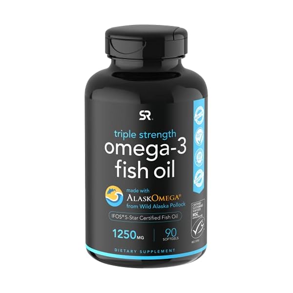 Sports Research Triple Strength Omega 3 Fish Oil - Burpless Fish Oil Supplement w/EPA & DHA Fatty Acids from Single-Source Wild Alaskan Pollock - 1250 mg, 90 ct