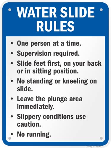 SmartSign 24 x 18 inch “Water Slide Rules - One Person At A Time, Supervision Required, Feet First, No Standing” Metal Sign, 80 mil Laminated Rustproof Aluminum, Blue, Black and White
