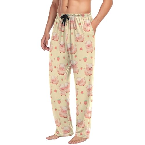 Men's Pajama Pants Strawberry Pig Cute Yellow Pajama Pants for Men PJs Bottoms Drawstring Pockets Sleep Lounge Pants S4