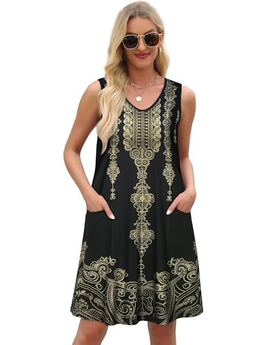 Image of elescat Womens Summer Dresses Casual V Neck Sleeveless Pockets Beach Loose Tank Sundress 2026