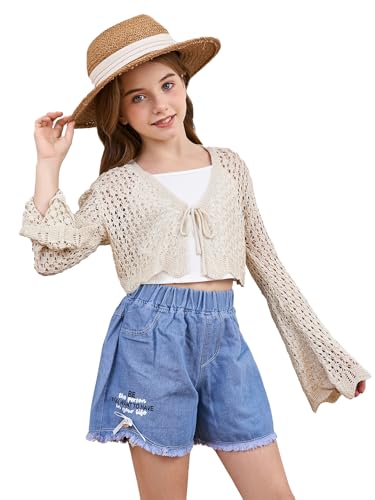 Milumia Girl's Tie Front Crochet Cardigan Hollow Out Long Sleeve Knit Crop Cover Up Top