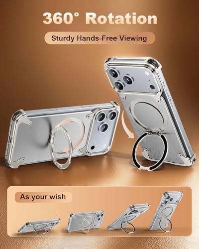 Image of Aluminum Frame Metal Bumper Compatible with iPhone 17 Pro Max | Simple Shield Air Cushion Shockproof | Edge Protection, Minimalist Slim - Black (Frame-Leather -Silver, iPhone 17 Pro Max)