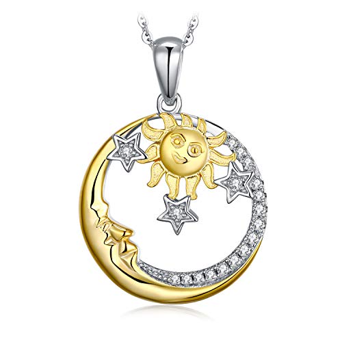 JewelryPalace Vintage Soleil Lune et Etoile Or Plaqué Pendentif Rond en Argent 925 Pour Femme, Collier Chaine Retro Céleste Zirconium Pour Fille 45CM, Ensemble Parure de Bijoux Cadeau Anniversaire