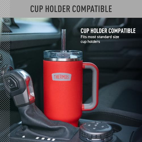 Image of THERMOS Stainless Steel Cup Holder Mug - 40 Ounce, Crimson - Insulated Tumbler with Lid and Straw, Plus Leak-Resistant Slide Lock