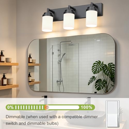 Image of Bathroom Light Fixtures, Matte Black Bathroom Lighting Fixtures Over Mirror, Modern Vanity Light with White Glass Shade, Restroom Lighting Fixtures, 3-Light 22-inch
