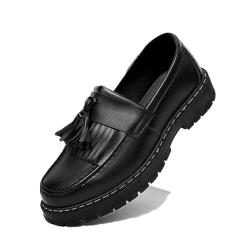 Men's Leather Platform Slip-On Tassel Loafers Fashion Non-Slip Low Top Round Toe Lug Sole Dress Shoes for Business Prom Party Penny Shoes