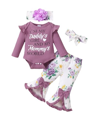 Image of SUNNY PIGGY Newborn Baby Girl Clothes Infant Floral Outfits Bell Bottom Flowerpant Headband 0-18 Months Baby Girl Romper