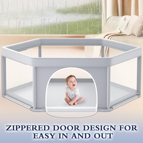 Image of XVISHX 65x65 Inch Hexagonal Baby Playpen, Playpen for Babies and Toddlers, Baby Play Pen Playard for Indoor & Outdoor Active Center Game Fence, with Skin-Friendly Fabric and Soft Breathable Mesh
