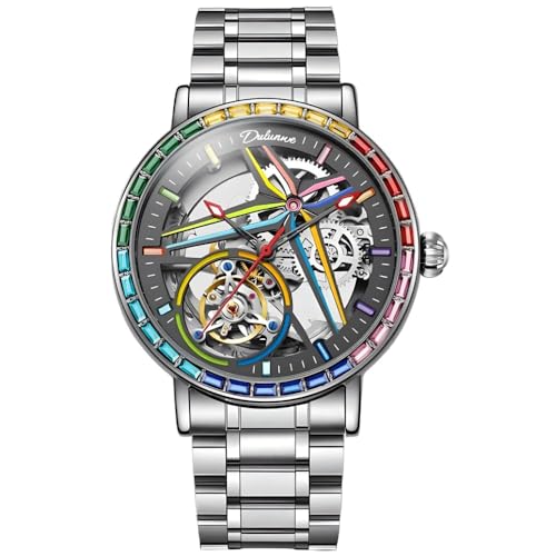 DAXIAOYU Einzigartiges Design, vollautomatische mechanische Herrenuhr, farbige Edelsteine, Einfassung, Skelett-hohles Schwungrad-Armbanduhr, wasserdicht, leuchtend, Edelstahl, trendige Uhren,